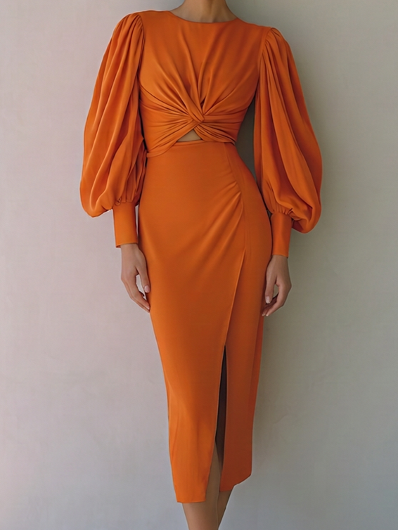 Women's Elegant Burnt Orange Twist Front Cutout Waist Balloon Sleeve Midi DressMDZ1099G2ZSQ