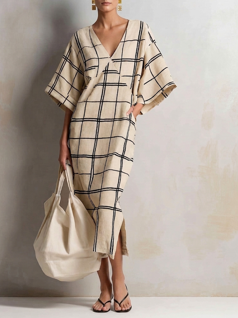 Women's Minimalist Beige Cotton Linen Blend Windowpane Check V-Neck Kaftan Midi DressMDZ1087G8ZSQ