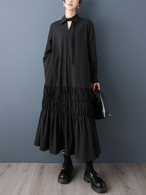 Chic Collared Tiered Maxi Dress with Tie Neck and Ruched Hem