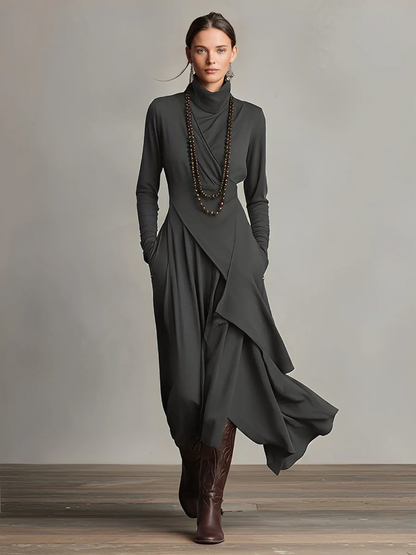 Women's Purple Bohemian Cotton Stretch Turtleneck Asymmetrical Draped Maxi Dress MDA2055J9I