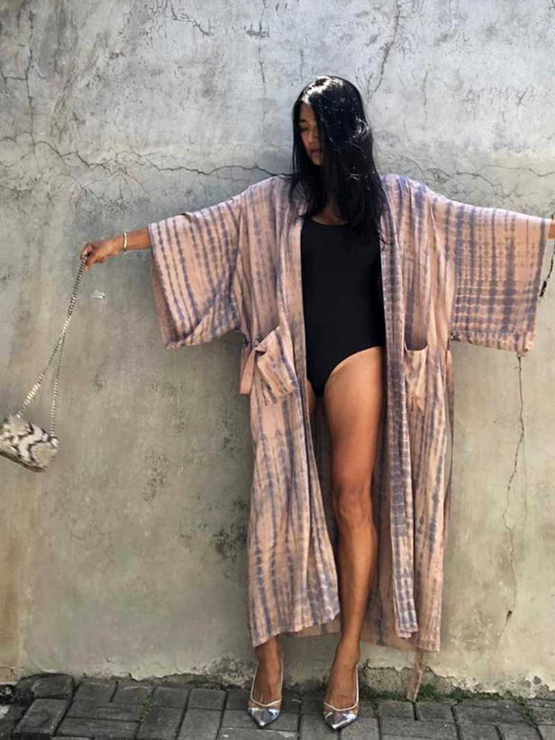 Tie-Dye Print Different Color Rayon Long Length Gown Kimono Duster Robe