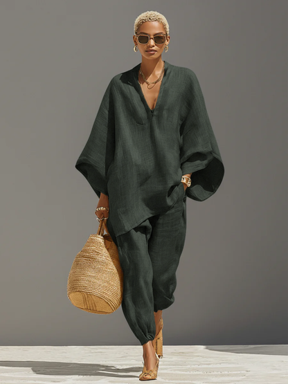 Women's Neutral Linen Set With Asymmetric Hem & Minimalist Design, Sophisticated Daily-Casual Style Set MDZ0501B3I
