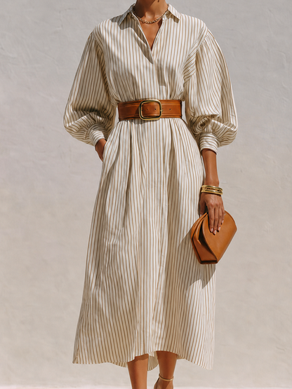 Women's Elegant Ivory Cotton Blend Pinstripe Collared Button-Front Balloon Sleeve Belted Midi Shirt DressMDZ0739G0ZSQ