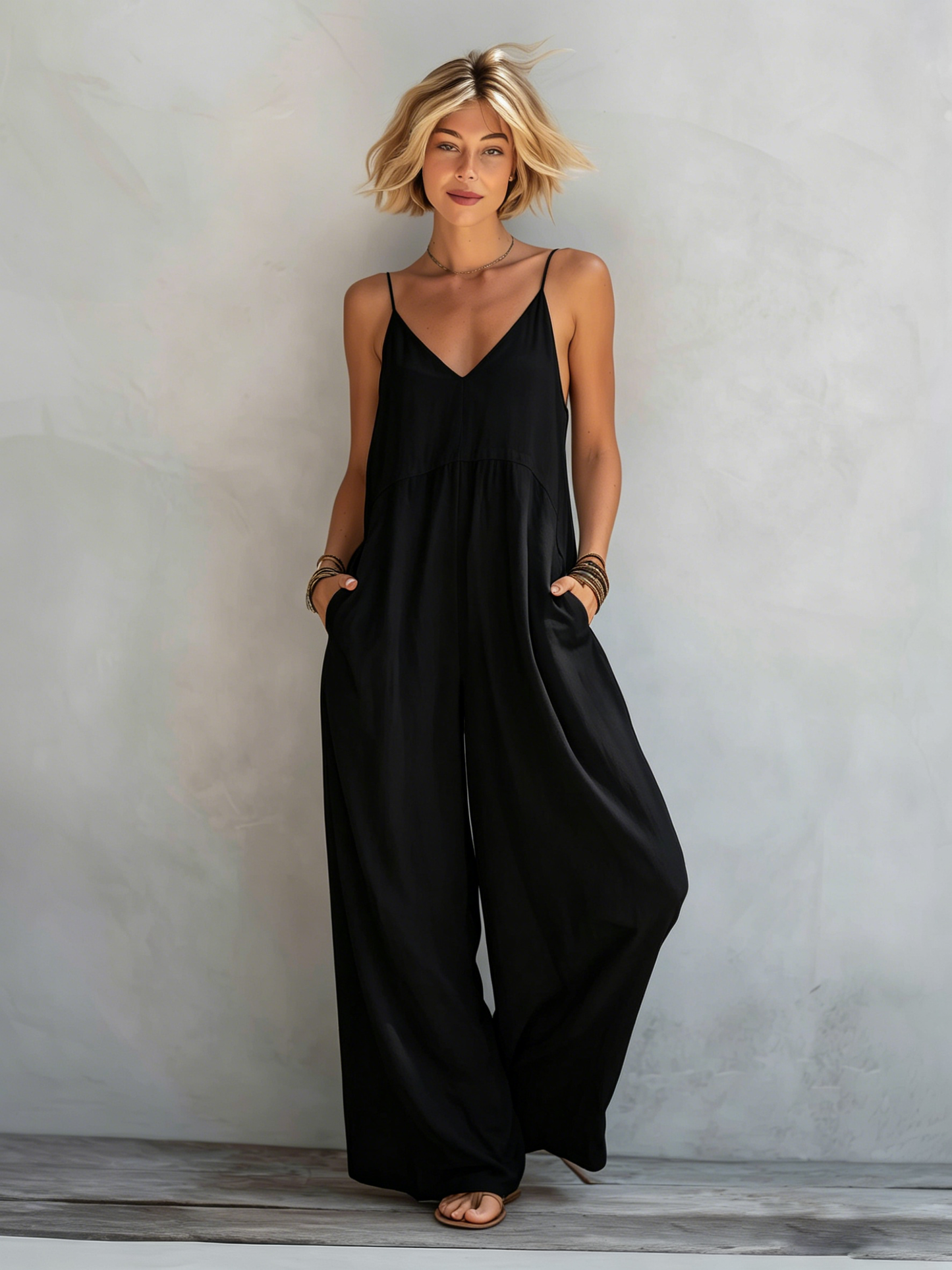Women's Casual White Cotton-linen Blend Sleeveless Loose Jumpsuit MDZ0246C9AN