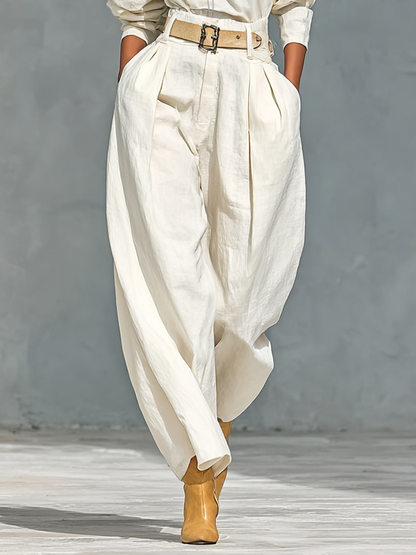 Women's Fashion Cotton And Linen Blend Crew Neck Long Sleeve Shirt Loose Trousers Set (belt Not Included)MDA2555G6Y