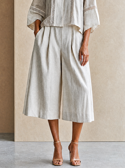 Women's Vacation-Style Cotton-Linen  Patchwork Stand-Collar Cropped Top + High-Waist Wide-Leg Pants MDZ0779G6CMX