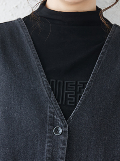 Minimal Utility Denim Dress with Pockets, Sleeveless V-Neck Midi Silhouette