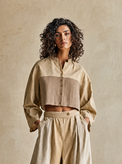Women's Relax Vacation Khaki Color Block Stand Collar Long Sleeve Cropped Top & Wide Leg Pants Set MDZ0642G5Q