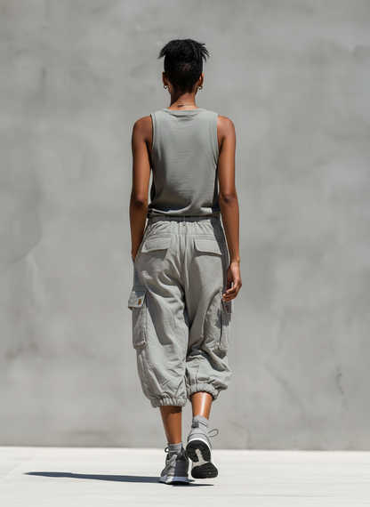 Women’s Grey Sleeveless Tank Top & Cargo Jogger Shorts Two-Piece Set MDZ0853E1T