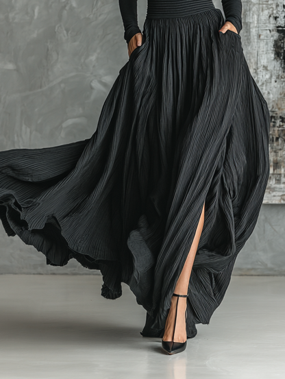 Women's Fashion All Black Skinny Turtleneck T-shirt Pleated Skirt Set MDA1366H1Y