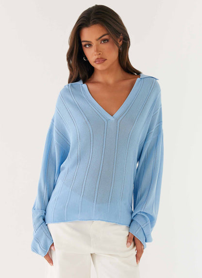 Annie Knit Polo Top - Blue