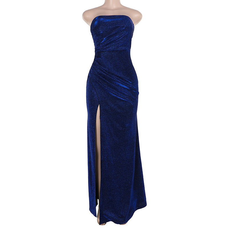 Fashionable, Elegant Slim Fit Thin Glittering Tube Top Pleated Split
