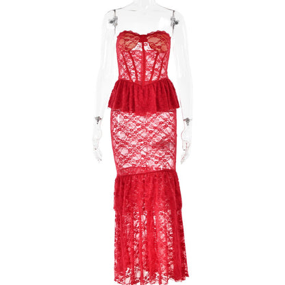 Lace See through Tube Top Fishtail Dress Tight Night Club Long Dress