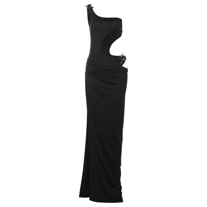 Hollow Out Cutout Slim Fit Maxi Dress Solid Color Split Tube Top Package Hip Dress