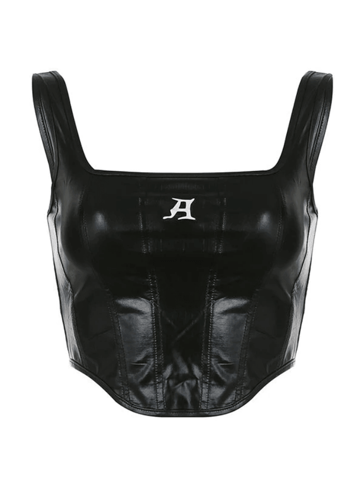Black Pu Leather Cropped Tank Top