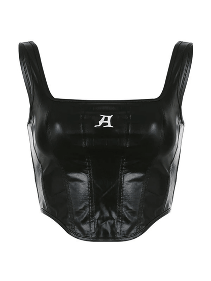 Black Pu Leather Cropped Tank Top