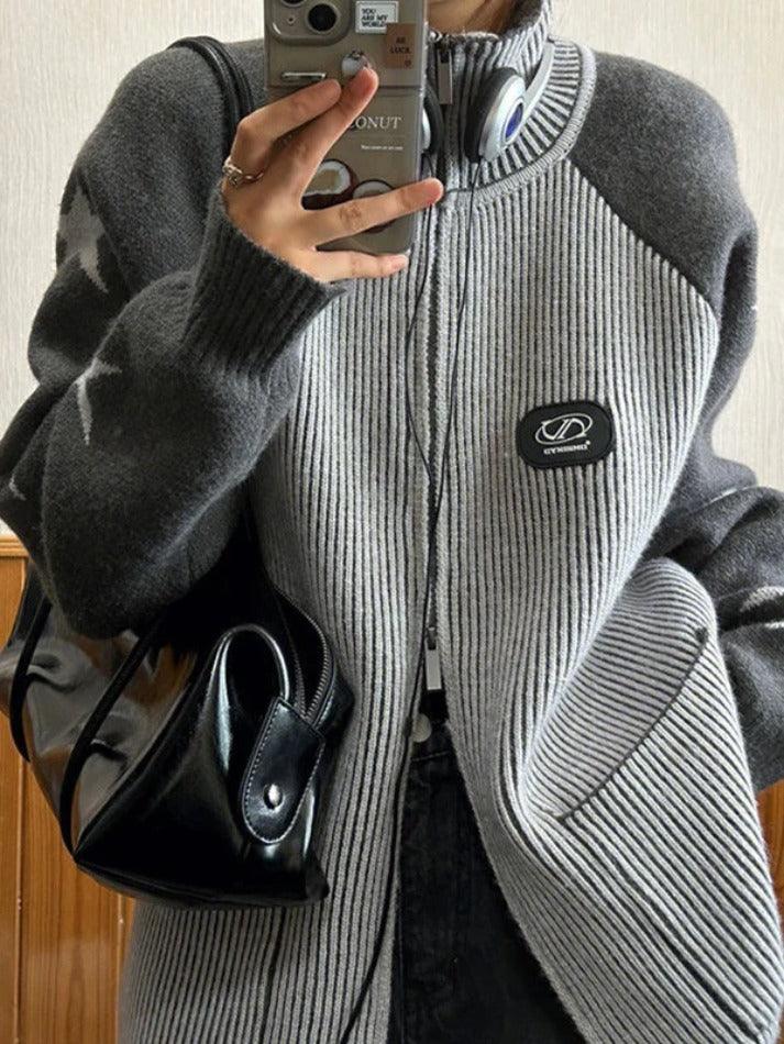 Knit star print loose high neck cardigan