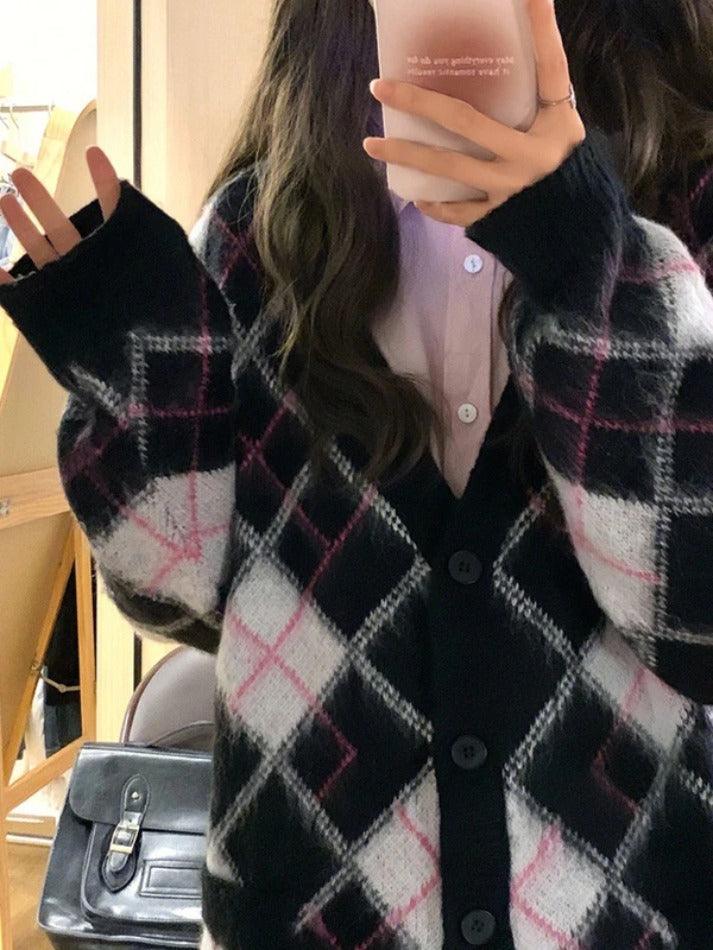 Check jacquard loose cardigan