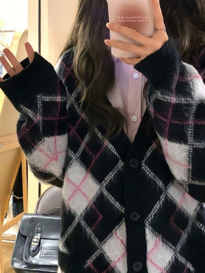 Check jacquard loose cardigan