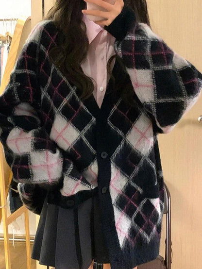 Check jacquard loose cardigan