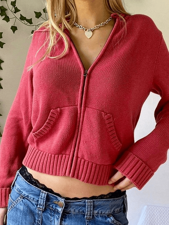 Hooded crop knit cardigan