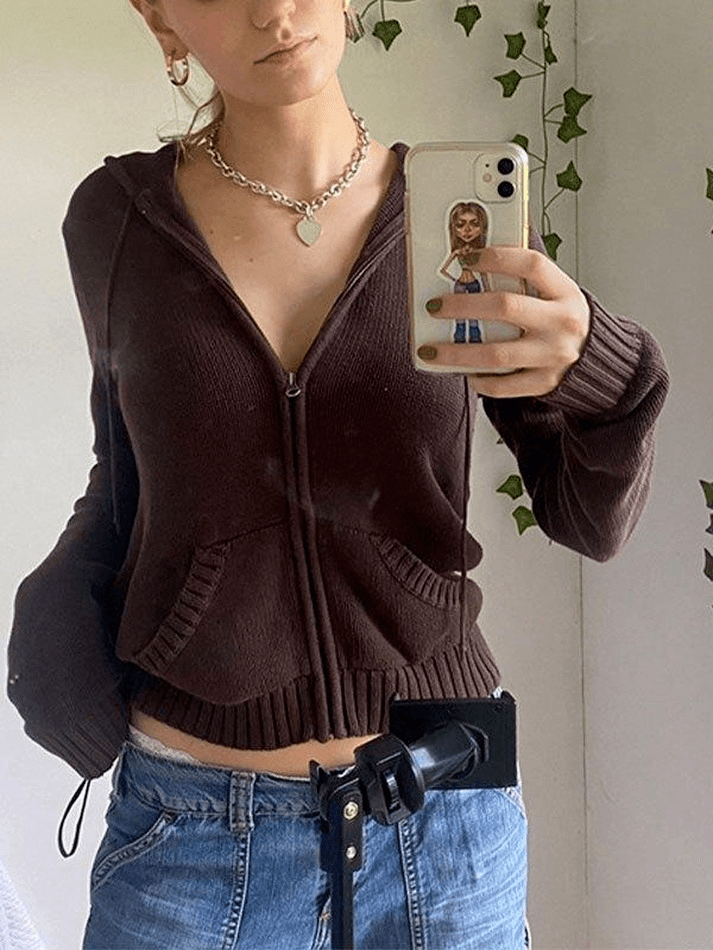 Hooded crop knit cardigan