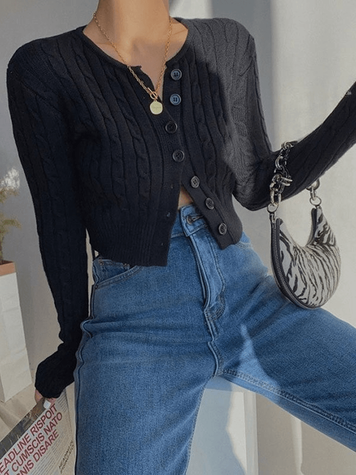 Cropped button cable knit cardigan
