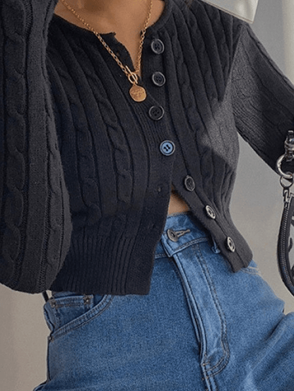 Cropped button cable knit cardigan