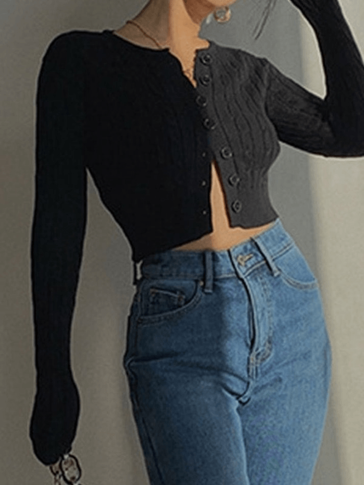 Cropped button cable knit cardigan
