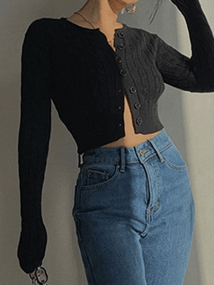 Cropped button cable knit cardigan