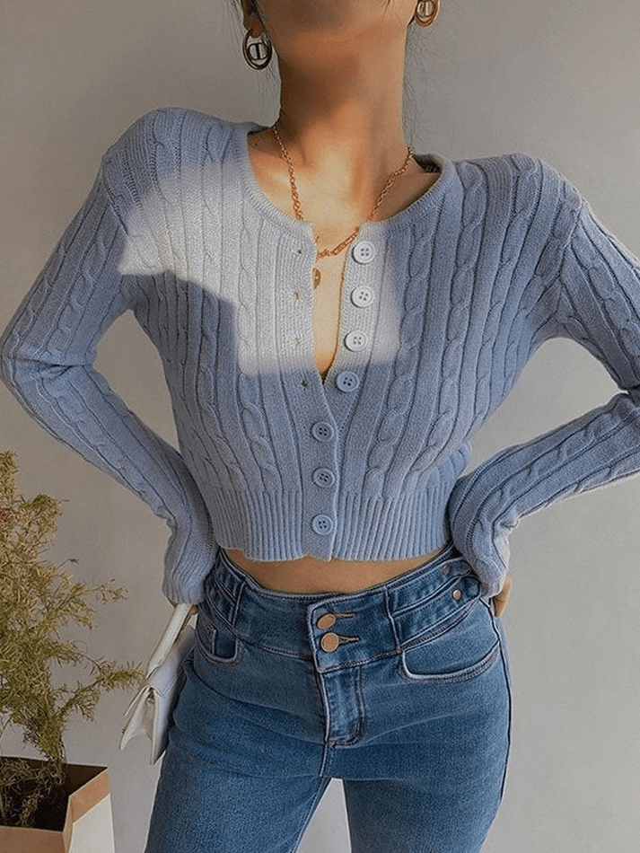Cropped button cable knit cardigan