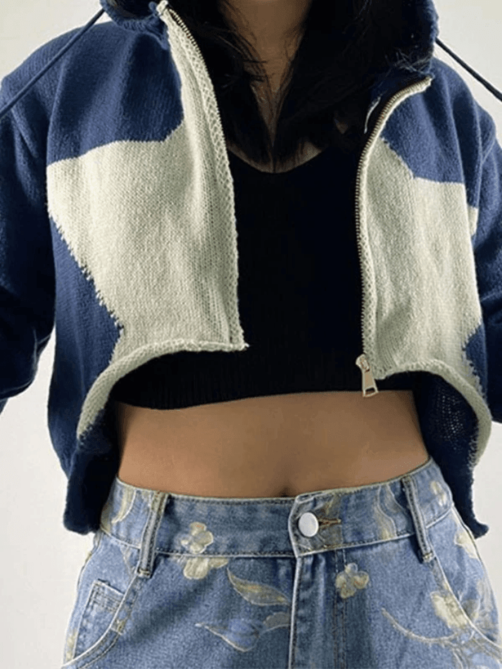 Hooded star zip-up cropped cardigan