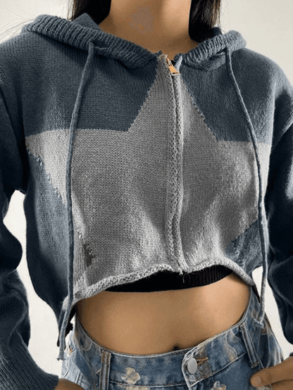 Hooded star zip-up cropped cardigan