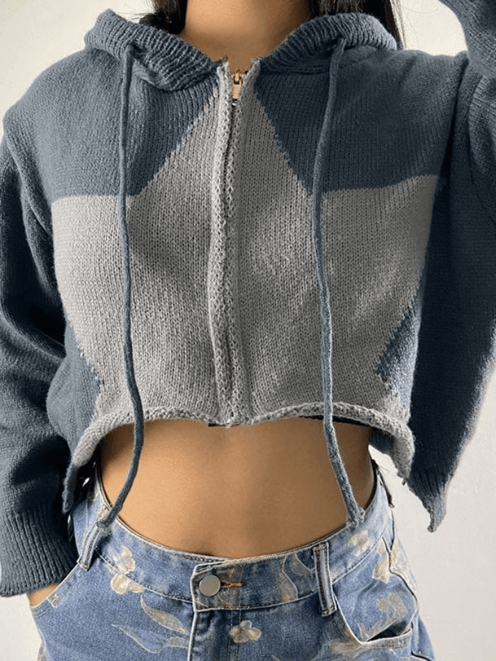 Hooded star zip-up cropped cardigan