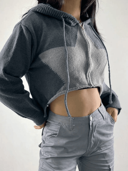 Hooded star zip-up cropped cardigan
