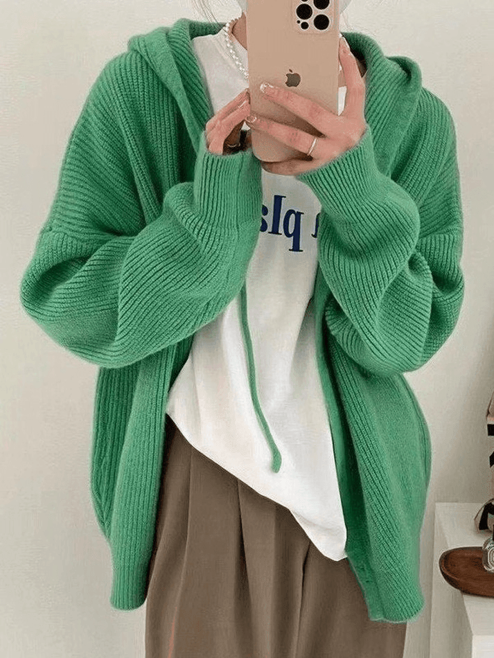 Hooded button front knit cardigan