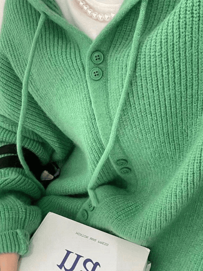 Hooded button front knit cardigan