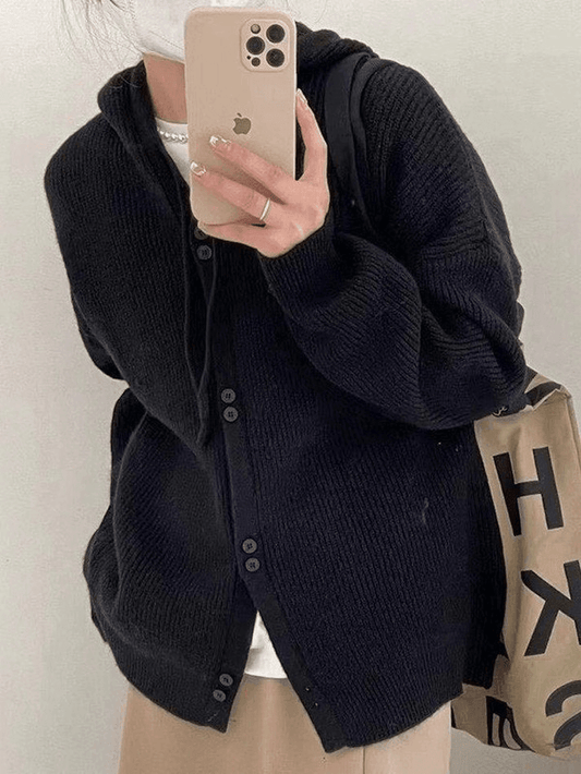 Hooded button front knit cardigan