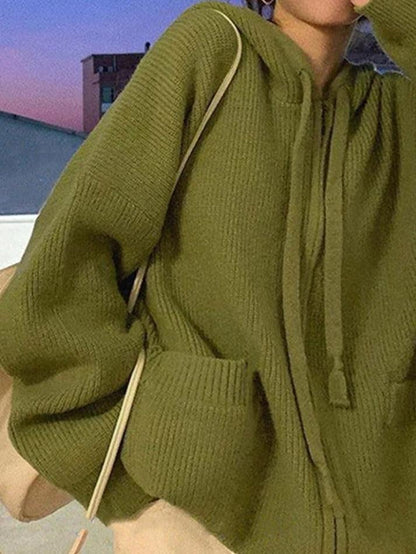 Oversize zip up hooded knit cardigan
