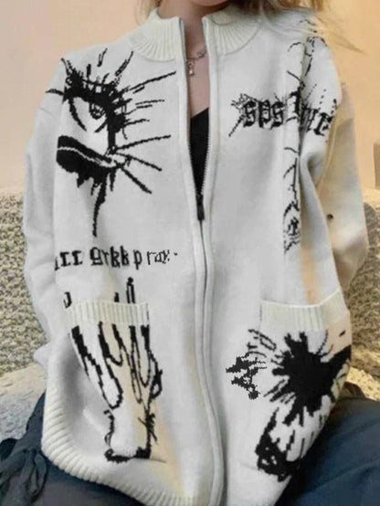 Different print big pocket knit cardigan