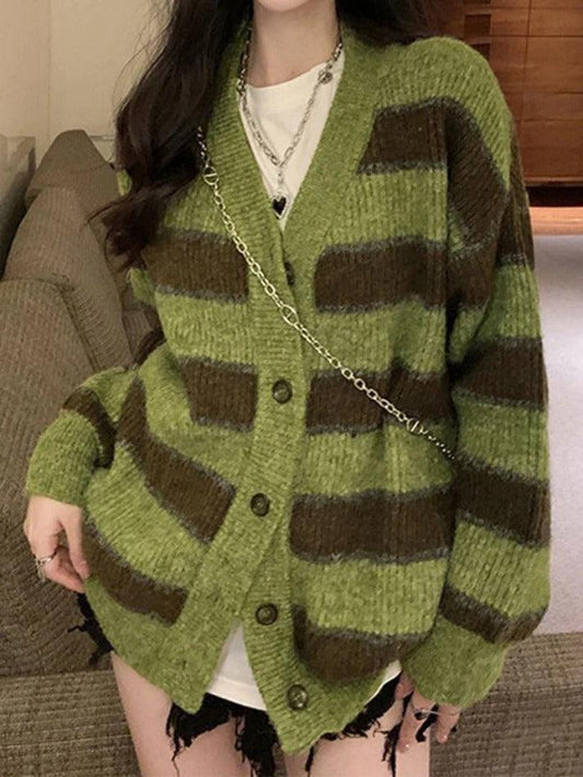 Button front striped knit cardigan