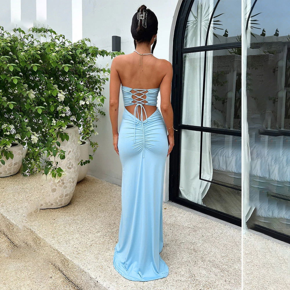 Dress Tube Top Backless Lace up Pleated Dress Slim Fit Dress