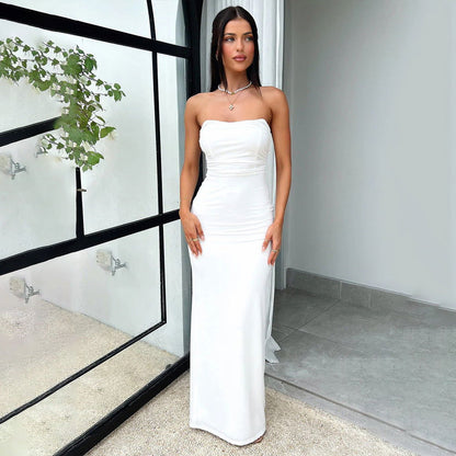Dress Tube Top Backless Lace up Pleated Dress Slim Fit Dress