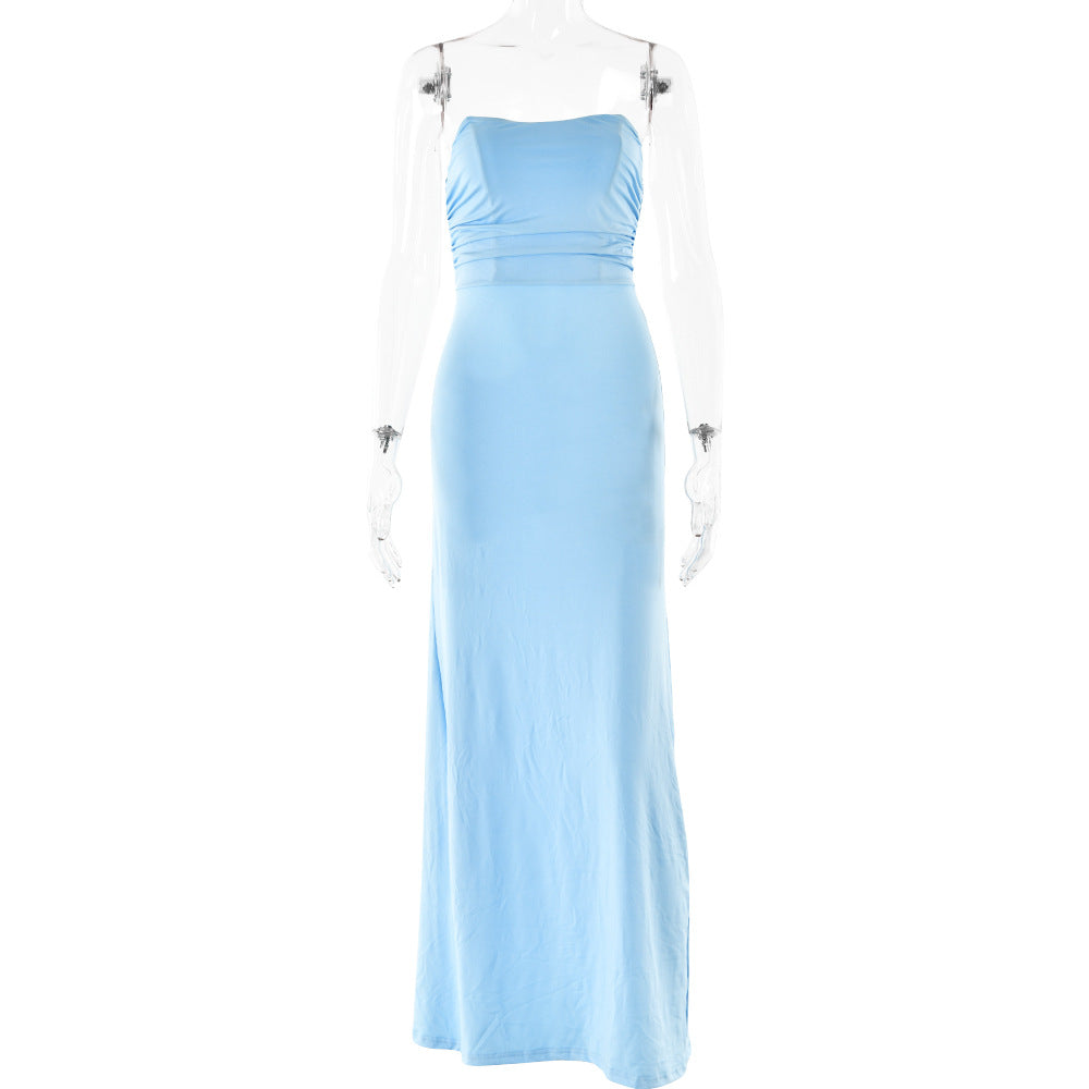 Dress Tube Top Backless Lace up Pleated Dress Slim Fit Dress