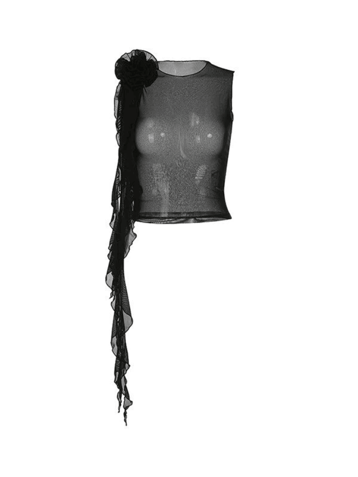 Flower Embellish Sheer Mesh Cropped Tank Top