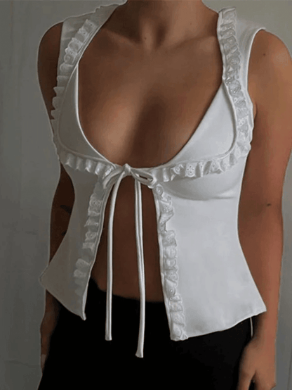 Frill Trim Lace Up White Tank Top