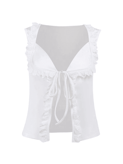 Frill Trim Lace Up White Tank Top