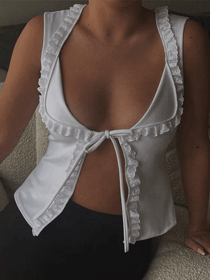 Frill Trim Lace Up White Tank Top