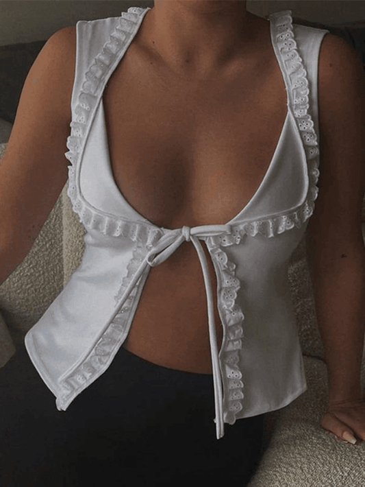 Frill Trim Lace Up White Tank Top