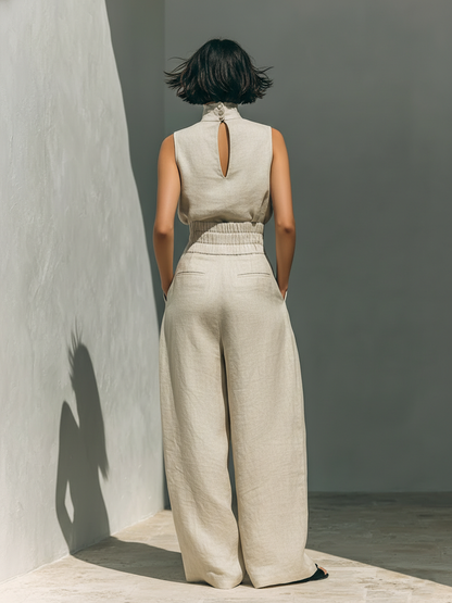 Women's Minimalist Cotton And Linen Blend Sleeveless Blouse And Wide-leg Pants Set MDZ0873A5Y